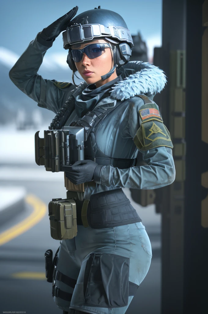 (looking at viewer, she is doing a military salute, thank you for your service: 1.5), 1girl, winter uniform, very patriotic portrait, googles, the background is a winter place, wind, ((Best quality, masterpiece, Very beautiful woman)), Depth-of-field, Multi-layered textures, HDR (High Dynamic Range), Ray Tracing, NVIDIA RTX, Unreal 5, Subsurface scattering, PBR Texturing, Post-processing, Anisotropic Filtering, Maximum clarity and sharpness, Wide aperture, Low ISO, White balance, Rule of thirds, 8K RAW, (extremely slutty), (Highly realistic skin), sharp image, (extremely high quality artwork),