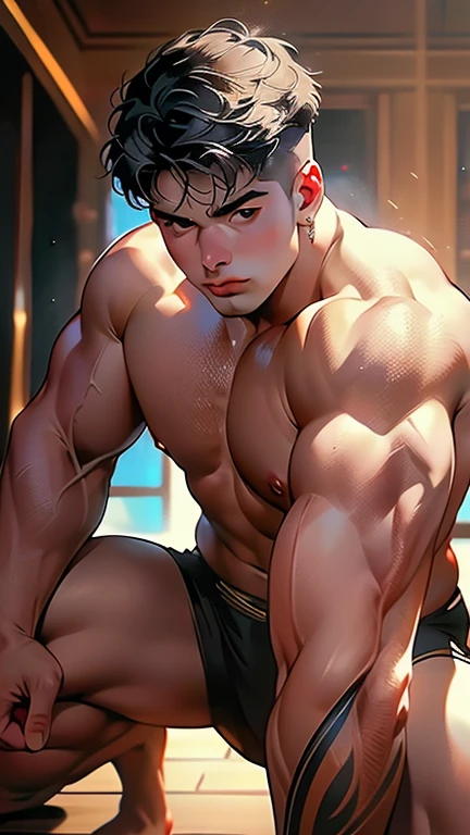 ((Best Quality, 8K, ultra-detailed, Masterpiece: 1.3)) beautifully illustrates a young boy with skin radiating in luminous brilliance and meticulously defined facets, accentuating the allure of Perfect Physical Form and stunningly realistic body contours. The captivating cuteness of his babyish countenance, (1.1), harmoniously contrasts with his dynamic stance, (1.1), which echoes the resolve and martial spirit embodied in an impressive squat, poised for combat. This intriguing pose enthralls the onlooker's gaze, directing it toward the noticeably accentuated region of his lower body, (