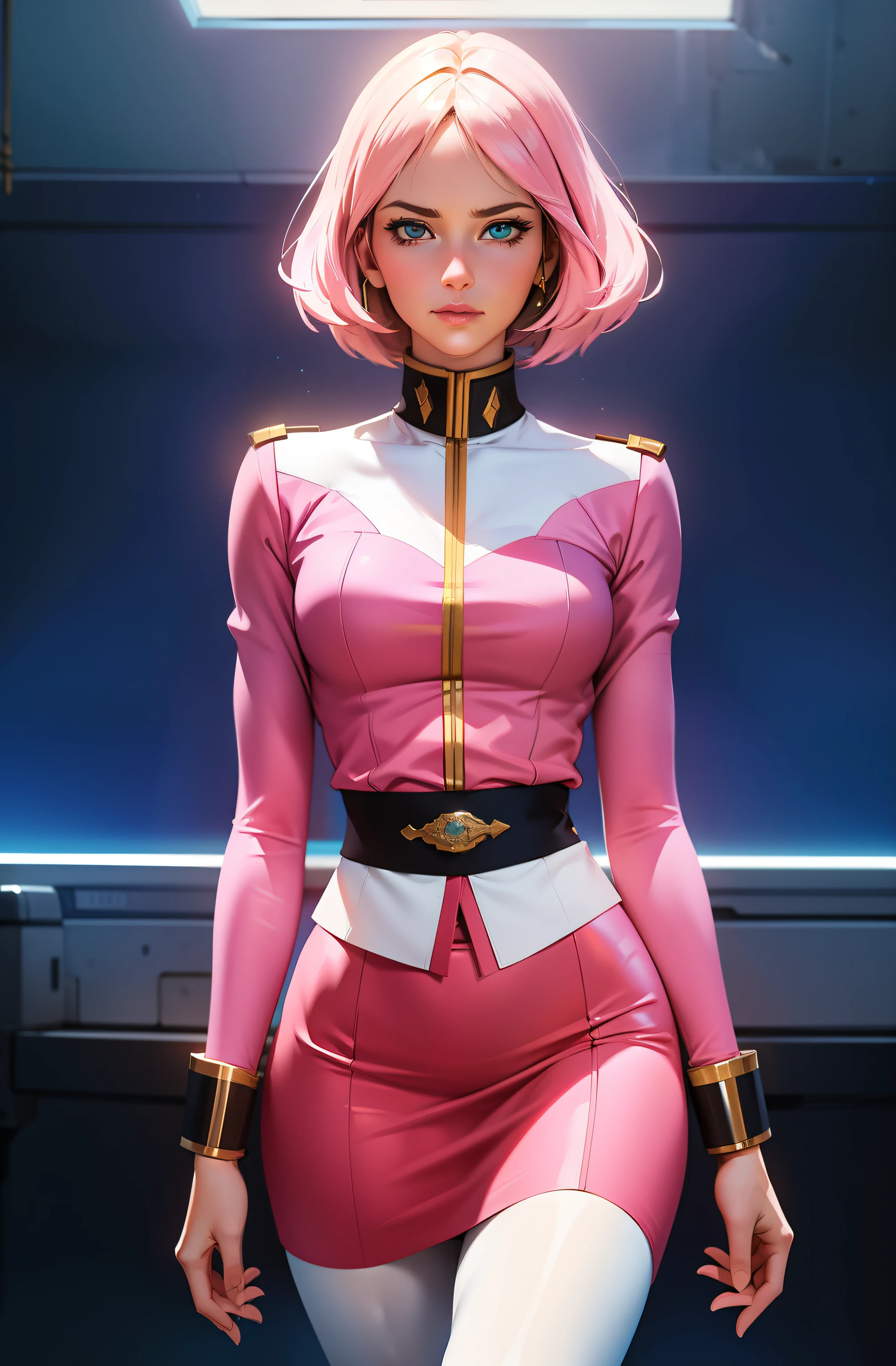 ((masterpiece)), ((cinematic lighting)), realistic photo、Real Images、Top image quality、1girl in, sayla mass, Elegant, masterpiece, Convoluted, slim arms, wide hips, thigh gaps, Best Quality, absurderes, high face detail, Perfect eyes, mature, Cowboy Shot, , Vibrant colors, soft pink uniform, soft pink Skirt, white tights