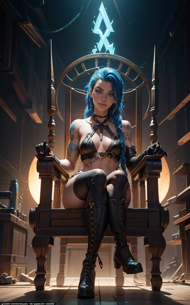 (Evangeline Lilly:Margot Robbie) is jinx from league of legends, sitting in a throne made of junk, pale skin, blue messy hair with long breads, boots, skinny body, small breasts, Full body, Beautiful anime waifu style girl,hyperdetailed painting, luminism, art by Carne Griffiths and Wadim Kashin concept art, dark background, abstract beauty, approaching perfection, pure form, golden ratio, minimalistic, dark atmosphere, unfinished, concept art, intricate details, 8k post production, high resolution, hyperdetailed, trending on artstation, sharp focus, studio photo, intricate details, highly detailed, steampunk 