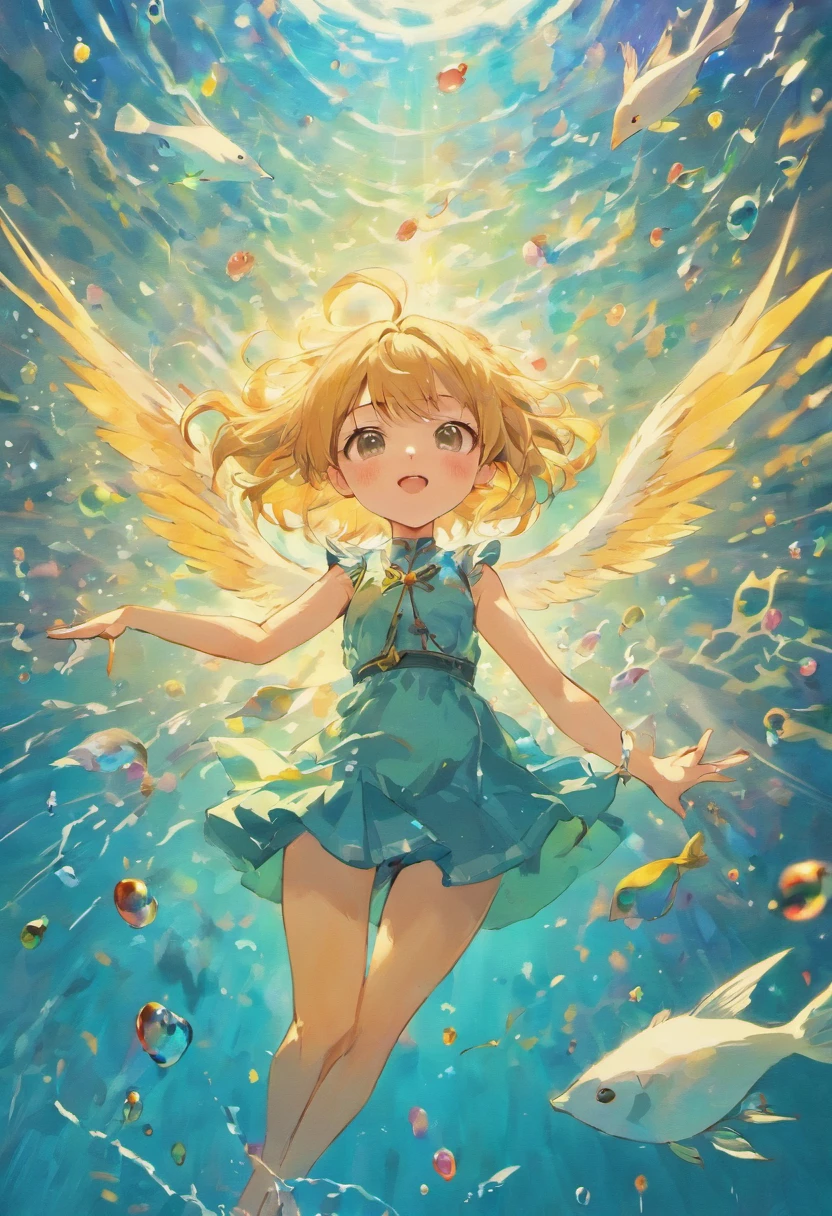 Birds fly in the sky,Fish swimming in the lake、Colorful bubbles