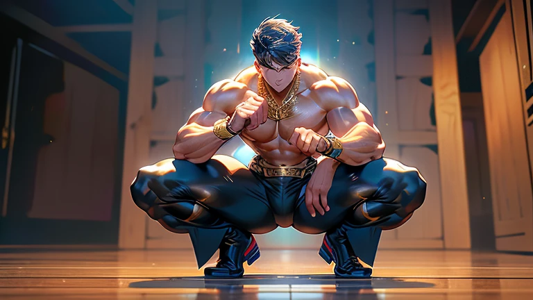 ((Best Quality, 8K, ultra-detailed, Masterpiece: 1.3)) beautifully illustrates a young boy with skin radiating in luminous brilliance and meticulously defined facets, accentuating the allure of Perfect Physical Form and stunningly realistic body contours. The captivating cuteness of his babyish countenance, (1.1), harmoniously contrasts with his dynamic stance, (1.1), which echoes the resolve and martial spirit embodied in an impressive squat, poised for combat. This intriguing pose enthralls the onlooker's gaze, directing it toward the noticeably accentuated region of his lower body, (