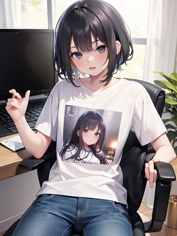 masterpiece, highest quality, Very detailed, 16k, Ultra-high resolution, One ***************, Detailed face, black eye, Black Hair, T-Shirts, jeans, My Room, Swivel chair, Laptop on desk, Operating a computer。