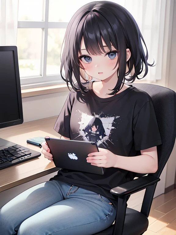 masterpiece, highest quality, Very detailed, 16k, Ultra-high resolution, One 12-year-old boy, Detailed face, black eye, Black Hair, T-Shirts, jeans, My Room, Swivel chair, Laptop on desk, Operating a computer。
