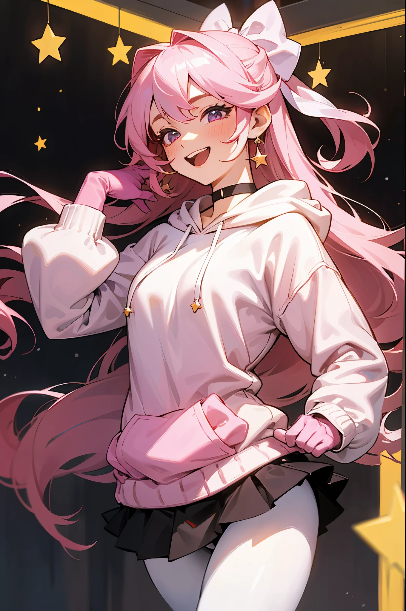 Masterpiece, Best quality, stars, Cityscape, intense shading, Realistic, Real, incredibly_absurderes, the wallpaper, Colorful, Girl, Long hair, Pink hair, Wavy hair, view the viewer, Laughing, excited, ribbed sweater, Hoodie , Miniskirt, White pantyhose, bow, Hair_bow, pink choker , Elbow gloves , half gloves , Earrings, Spread legs,