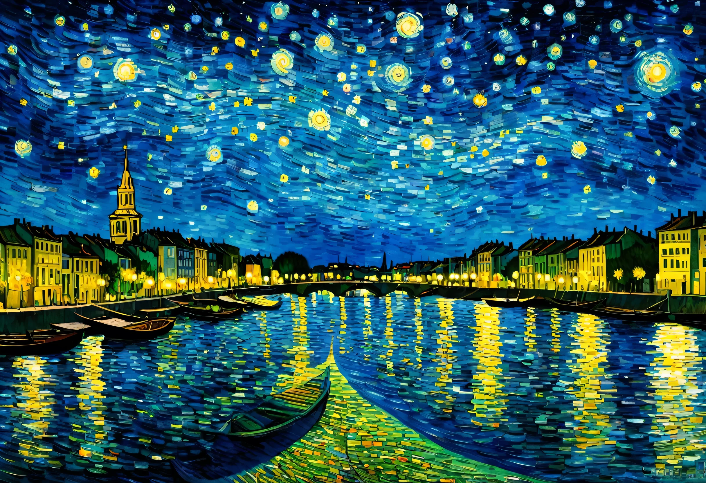 Painting of a city with a river and a starry sky, Van Gogh&#39;s Artistic Style, in style of van gogh, Van Gogh Style, style of van gogh, vincent Van Gogh Style, By Van Gogh, Vincent van Gogh - Style of Van Gogh, inspired By Van Gogh, inspired by Vincent Van Gogh, by Vincent Van Gogh, Van Gogh paintings