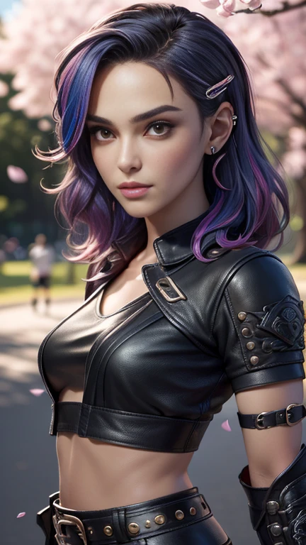 photo of celebrity, RAW, beautiful woman, ((portrait)), ((detailed face, colorful rainbow hair:1.2)), ((detailed facial feature, detailed skin, clear skin, parted lips), (perfect proportioned body, medium breasts), (wearing cropped cloth tunic , leather shorts, van braces, boots with shin guards, hair clip: 1.5)), (high detailed park with cherry blossoms: 1.3), (realistic photo, best quality, detailed), (8k wallpaper), (cinematic lighting, dramatic lighting) (sharp focus, intricate)