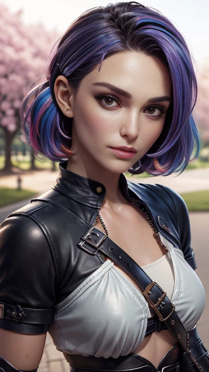 photo of celebrity, RAW, beautiful woman, ((portrait)), ((detailed face, colorful rainbow hair:1.2)), ((detailed facial feature, detailed skin, clear skin, parted lips), (perfect proportioned body, medium breasts), (wearing cropped cloth tunic , leather shorts, van braces, boots with shin guards, hair clip: 1.5)), (high detailed park with cherry blossoms: 1.3), (realistic photo, best quality, detailed), (8k wallpaper), (cinematic lighting, dramatic lighting) (sharp focus, intricate)