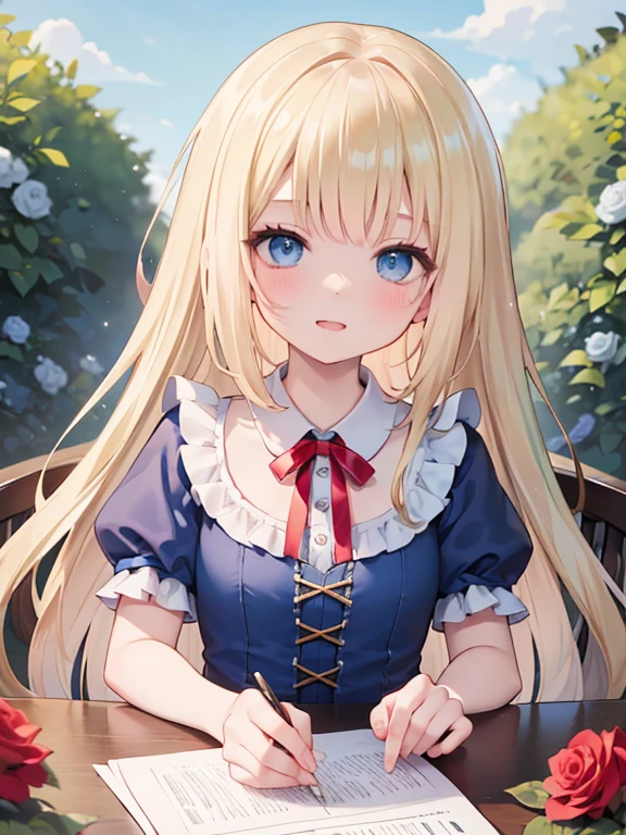 (8k, highest quality, Tabletop:1.2)、Gothic art、Alice in Wonderland, One ****************, Detailed face、blue eyes, Blonde, Red ribbon on head, Blue Dress, White apron, blue sky, garden, Red Rose, Trump&#39;s Soldiers