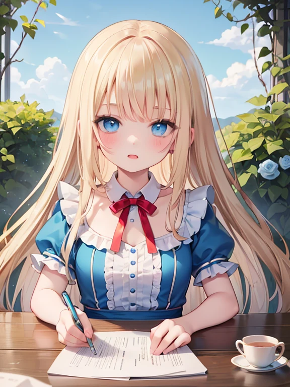 (8k, highest quality, Tabletop:1.2)、Gothic art、Alice in Wonderland, One -yeld gi Detailed face、blue eyes, Blonde, Red ribbon on head, Blue Dress, White apron, blue sky, garden, Red Rose, Trump&#39;s Soldiers