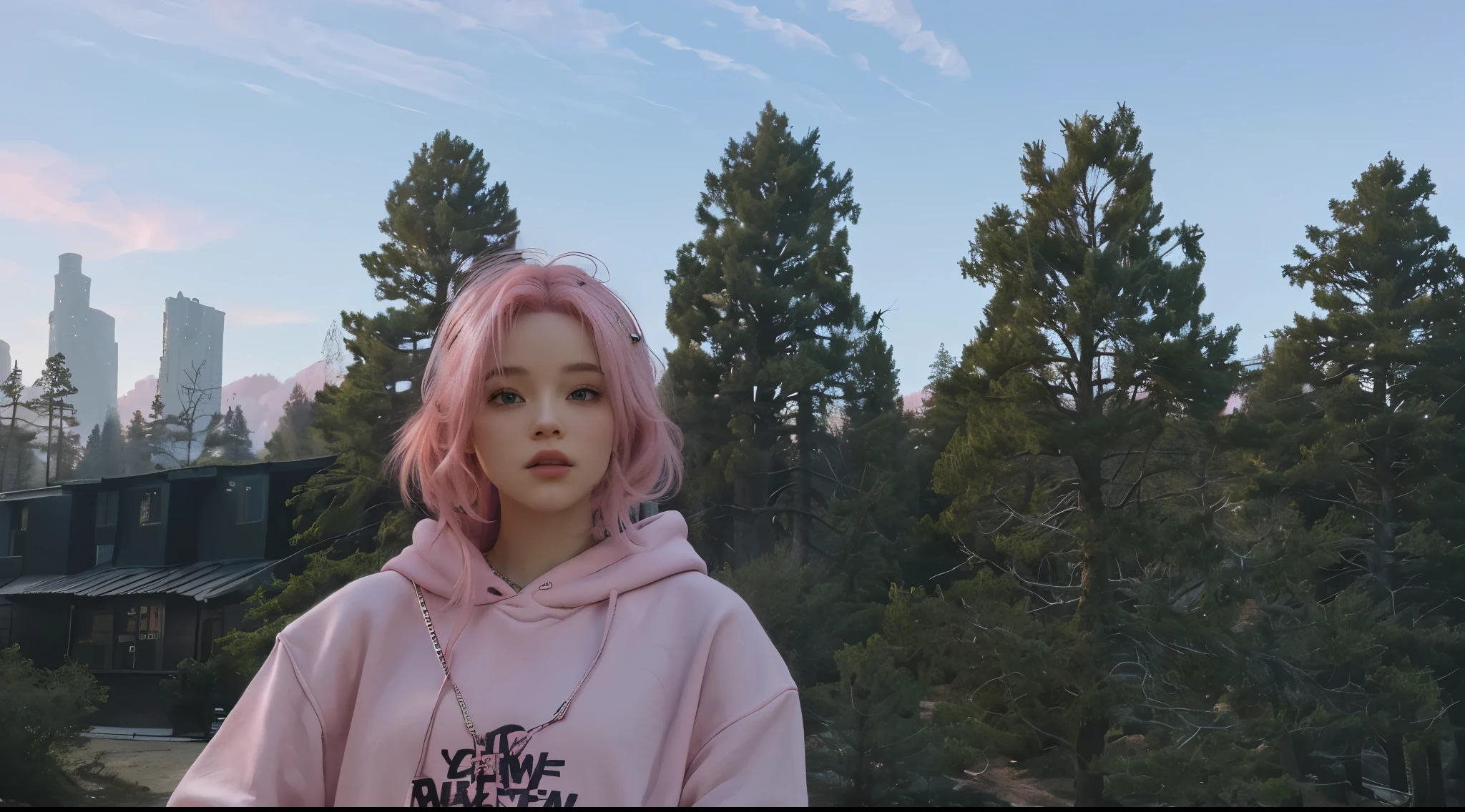 there is a woman with a pink hoodie and a chain around her neck, in game, second life avatar, pink wispy hair, detailed unblurred face, with pink hair, in pink forest, forrest in the background, wearing a pink hoodie, wearing a pastel pink hoodie, forrest in background, trees in the background