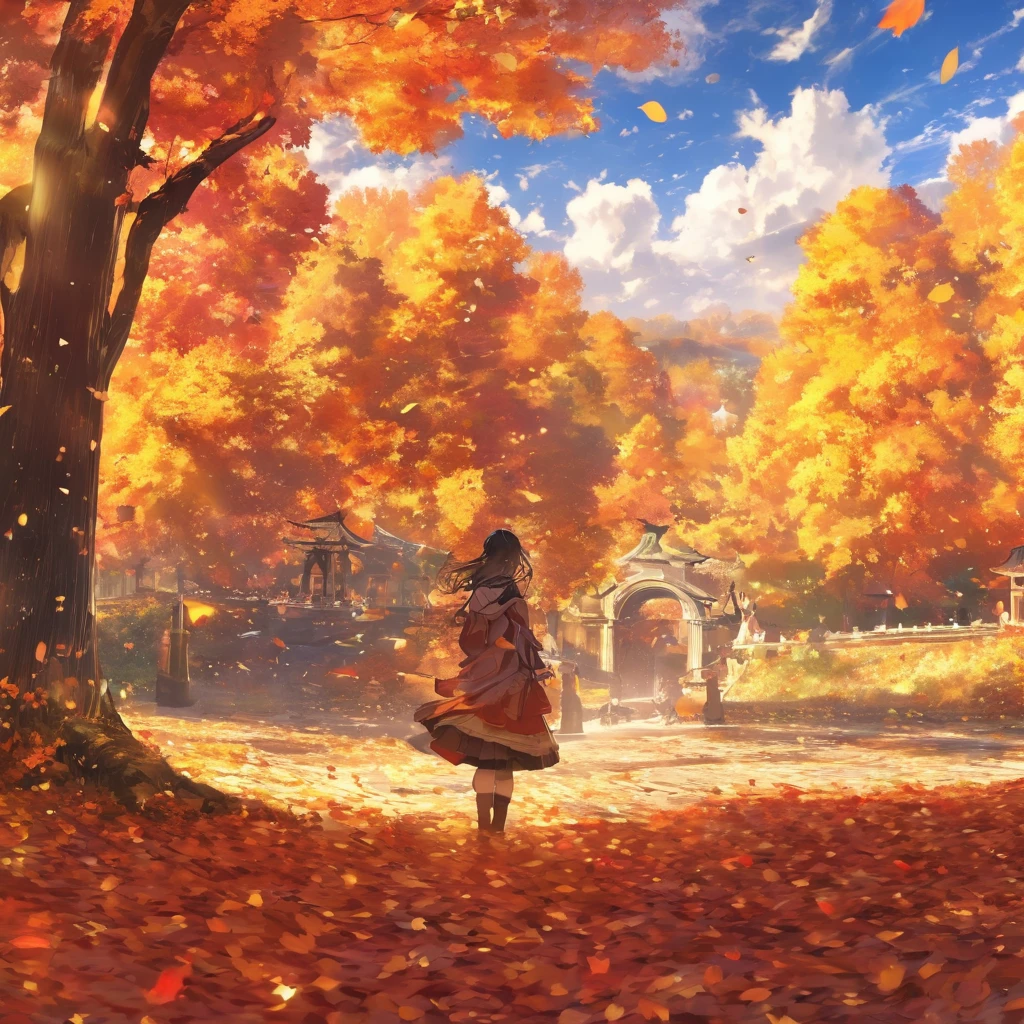 masterpiece, Concept Art, Panorama, At the center, figure, Wide Shot, Dynamic Lighting, Bright colors, autumn leaves,1 girl,