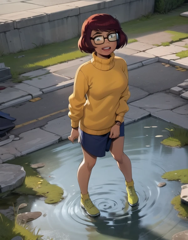 mkvd, 1girl, turtleneck sweater, sweater yellow, happy, looking at viewer, full body view, pissing, piss on legs, puddle of urine