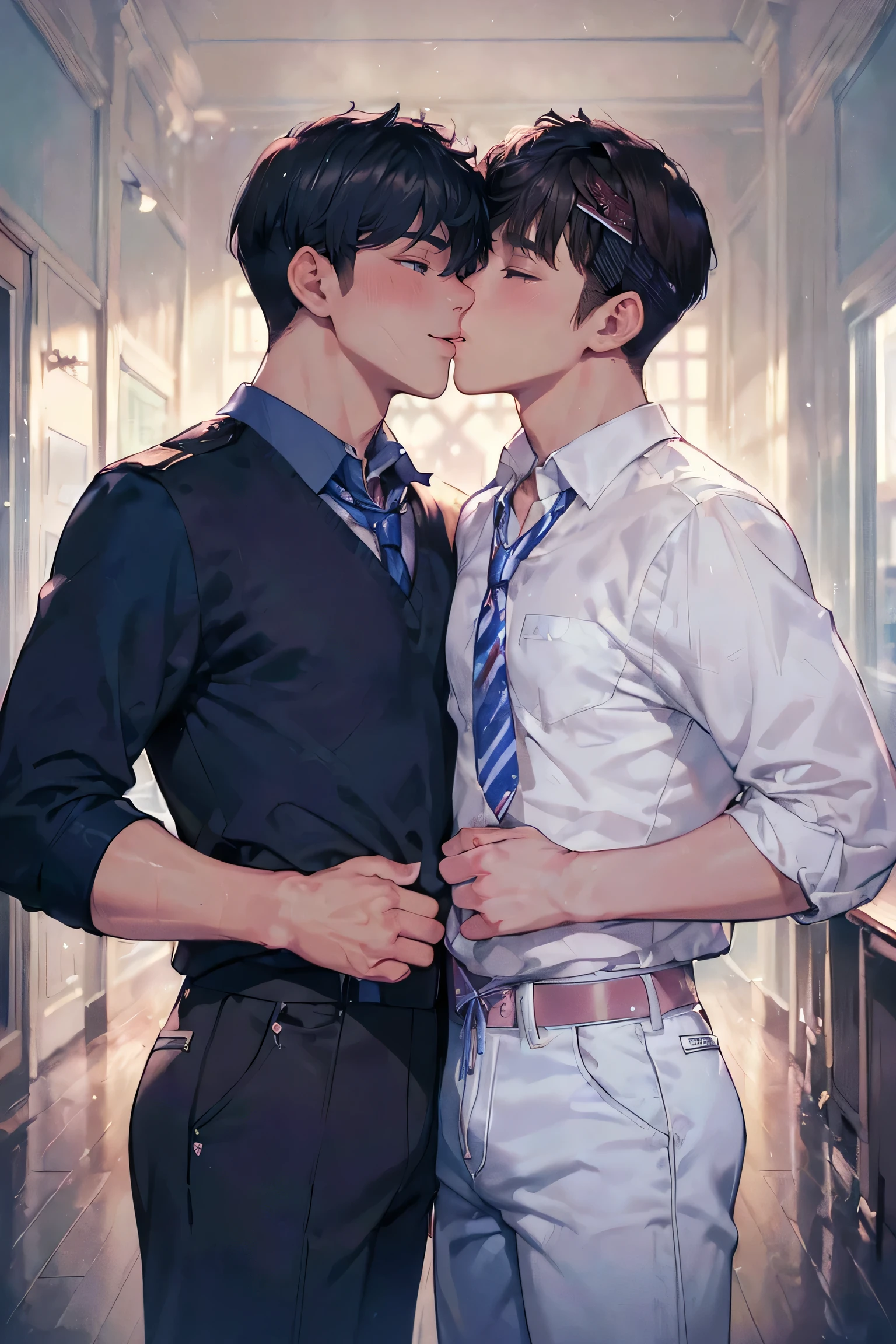 ((Masterpiece, Super Hi-Res, Highly Detailed, 8k)), ((2 boys kissing: 1.5)), Scandinavian, about 20, handsome, short hair, ((British public school student style attire, no tie, makes viewer smile : 1.2)), twink, manly face, skinny, excited, gay erotic,. Sexy Raised, cowboy shoot, Vivid colors, cinematic lighting effects,