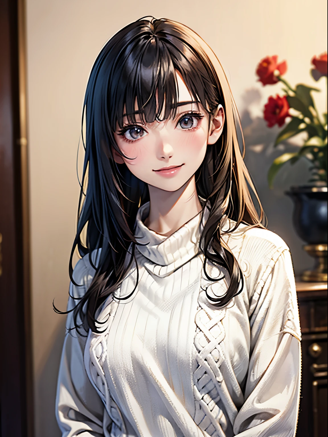 1 Japanese girl,(White sweater:1.4), (RAW Photos, highest quality), (Realistic, Realistic:1.4), Tabletop, Very delicate and beautiful, Very detailed, 8k wallpaper, wonderful, In detail, Very detailedなCG Unity, High resolution, Soft Light, Beautiful details 19 years old, Very detailedな目と顔, Beautiful and detailed nose, Beautiful details,Cinema Lighting,Perfect Anatomy,Slender body,smile (Asymmetrical bangs,)