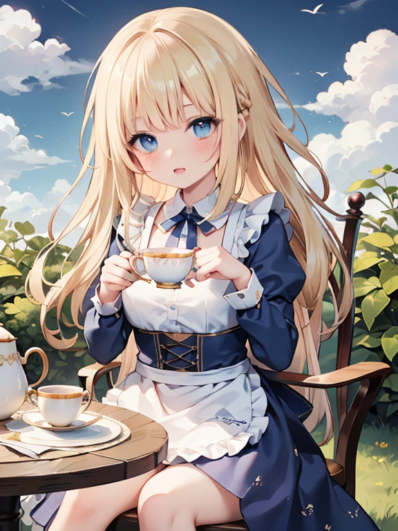 (8k, highest quality, Tabletop:1.2)、Ultra-high resolution、Alice in Wonderland, One ****************, Detailed face、blue eyes, Blonde, Braid, Blue Dress, White apron, blue sky, garden, table cloth, Tea party, Sit on a chair, hold a teacup with both hands