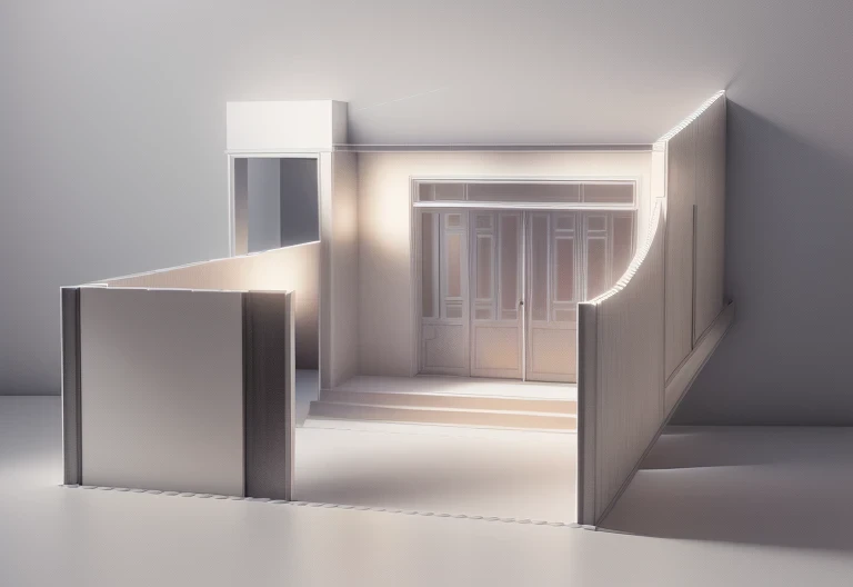 a drawing of a house with a staircase and a door, sketch - up, 3 d point perspective, 2 point perspective, concept drawing, 3 d perspective, single point perspective, architectural concept, outline sketch, 5 point perspective, 2 - point perspective, line-drawing, orthographic 3d rendering, accurately drawn details, orthographic front view, frontview