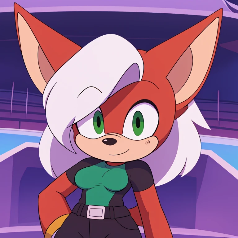 score_9, score_8_up, score_7_up, cel shading, sonic (series), 2d, 1girl, anthro bat, tomboy, parted bangs, hair, white hair, red fur, medium breasts, green eyes