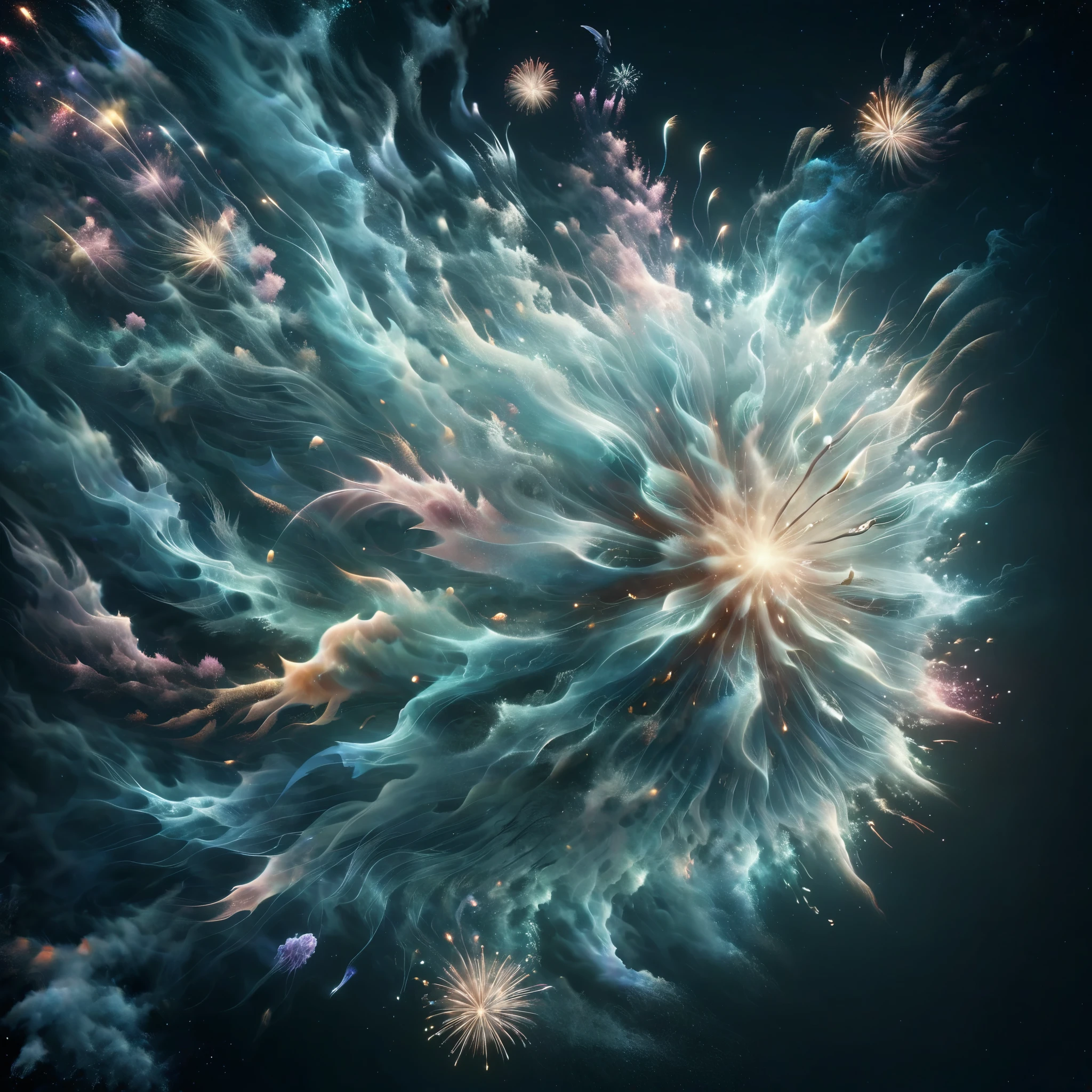 Blend fantasy and reality as 3D fireworks merge with ethereal fractal creatures, symbolizing the sea, orchestrating a surreal sea symphony of light and sound, where imagination takes flight and the boundaries of reality are transcended.