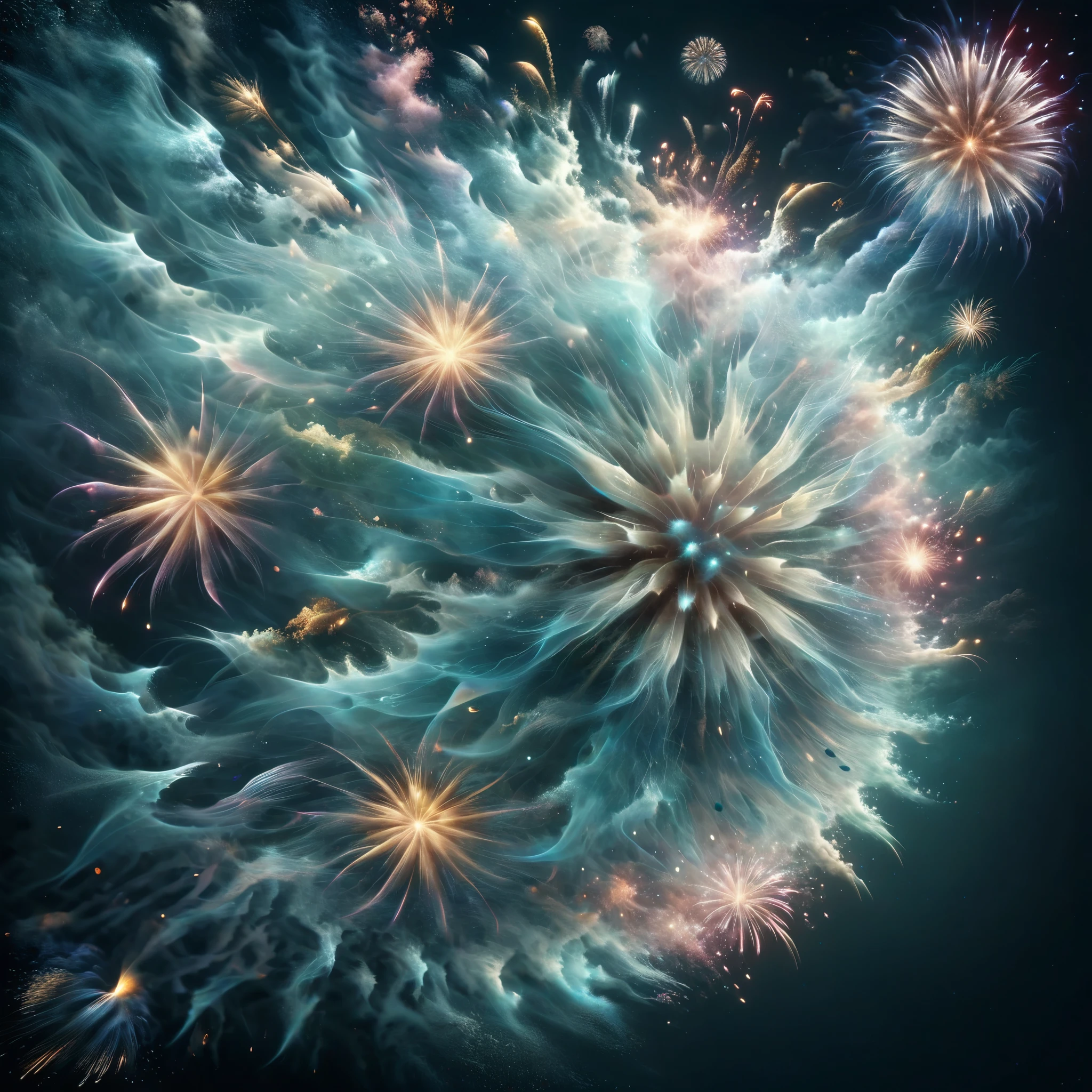 Blend fantasy and reality as 3D fireworks merge with ethereal fractal creatures, symbolizing the sea, orchestrating a surreal sea symphony of light and sound, where imagination takes flight and the boundaries of reality are transcended.