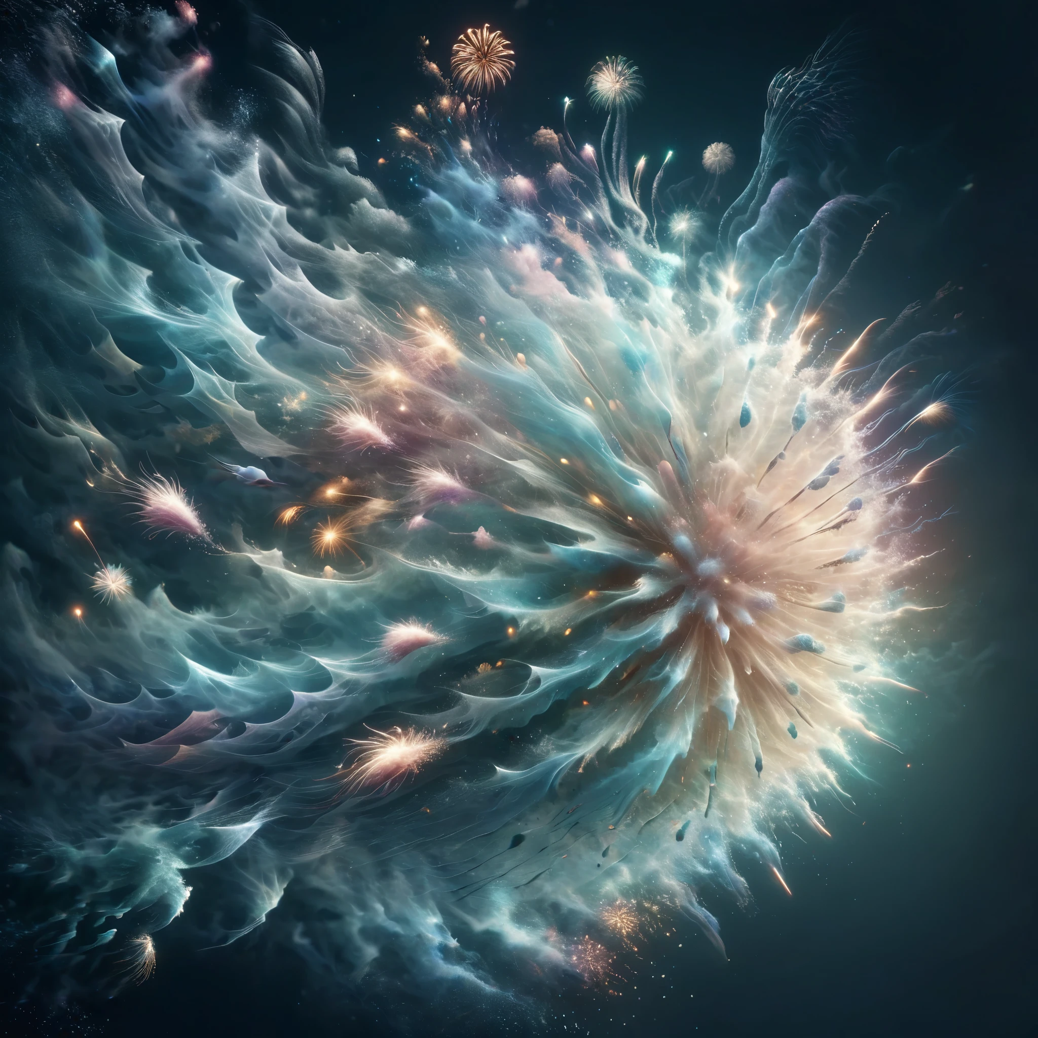 Blend fantasy and reality as 3D fireworks merge with ethereal fractal creatures, symbolizing the sea, orchestrating a surreal sea symphony of light and sound, where imagination takes flight and the boundaries of reality are transcended.