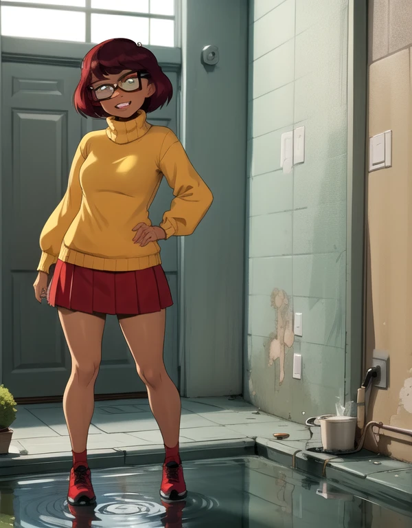 mkvd, 1girl, turtleneck sweater, sweater yellow, red skirt, happy, looking at viewer, full body view, standing, shy, panties , under view, pissing, piss on legs, puddle of urine 