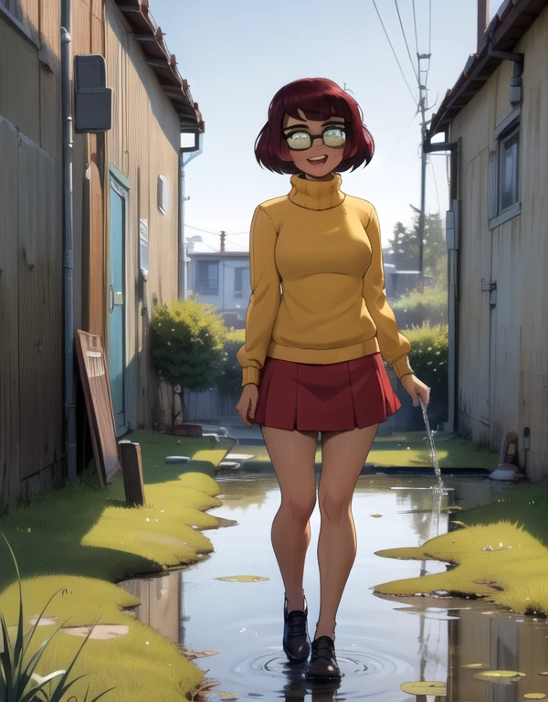 mkvd, 1girl, turtleneck sweater, sweater yellow, red skirt, happy, looking at viewer, full body view, standing, shy, panties , under view, pissing, piss on legs, puddle of urine