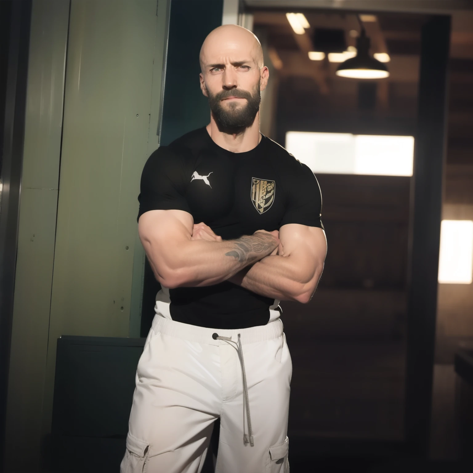 tall bald handsome man with beard, daddy, dark tattoos, lean fit body, soccer shirt, 30yo, dynamic lighting, lean body, loose cargo plants pants, character sheet, full body shot, white clothes