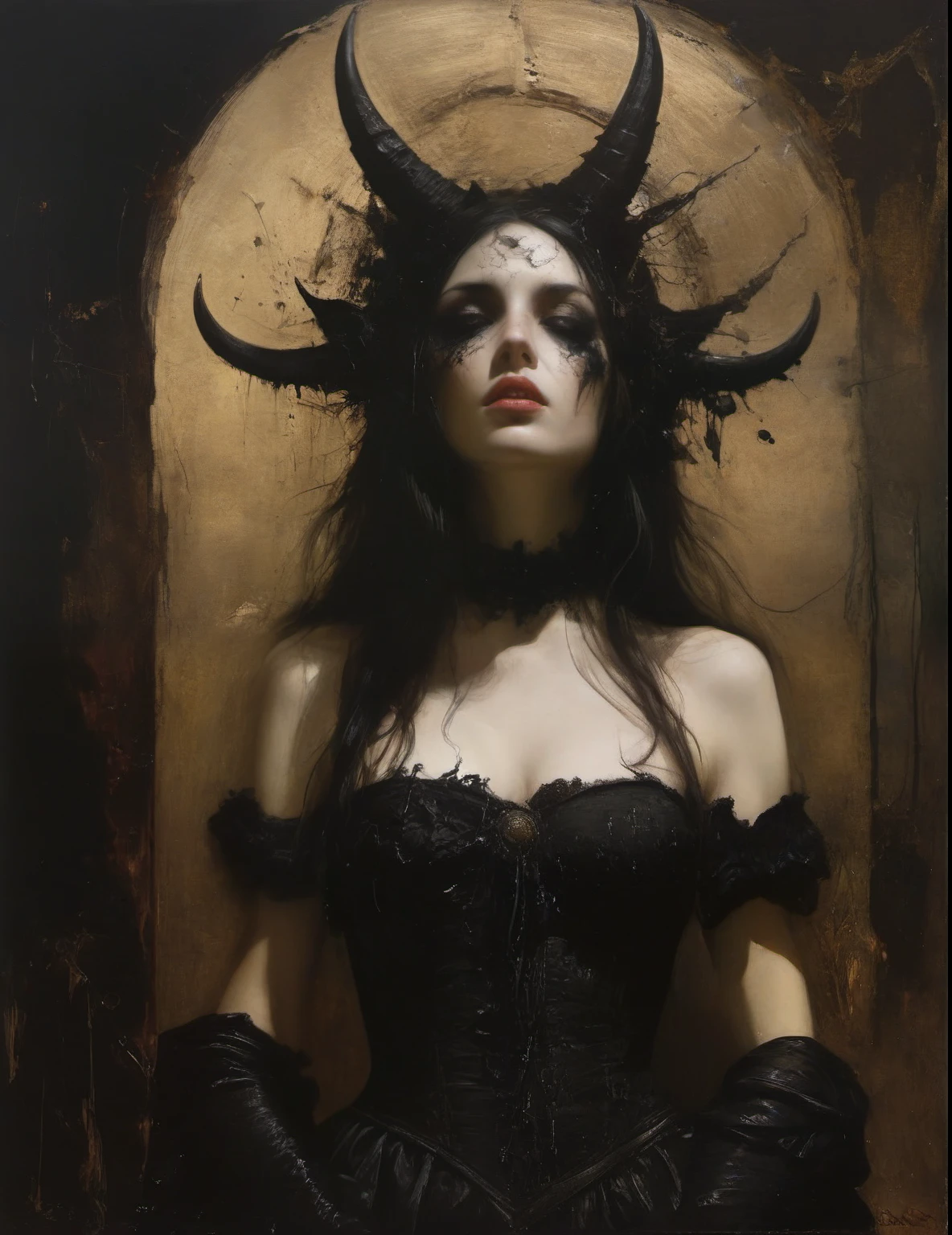 James Gurney, Surrealist art , dream-like, Mysterious, Provocative, symbolic, Complex, detailed,, (Gothic but very beautiful:1.4), (masterpiece, highest quality:1.4) , Nicola Samori Style, Female demon、Outdoor、Are standing、whole body