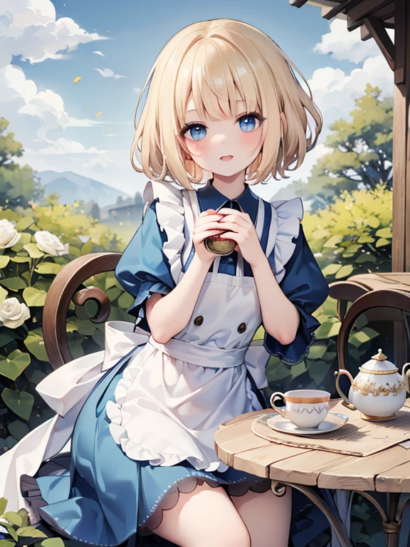 (8k, highest quality, Tabletop:1.2)、Ultra-high resolution、Alice in Wonderland, One ****************, Detailed face、blue eyes, Blonde, short hair, Blue Dress, White apron, blue sky, garden, flower bed, Red Rose, table cloth, Tea party, Sit on a chair, hold a teacup with both hands