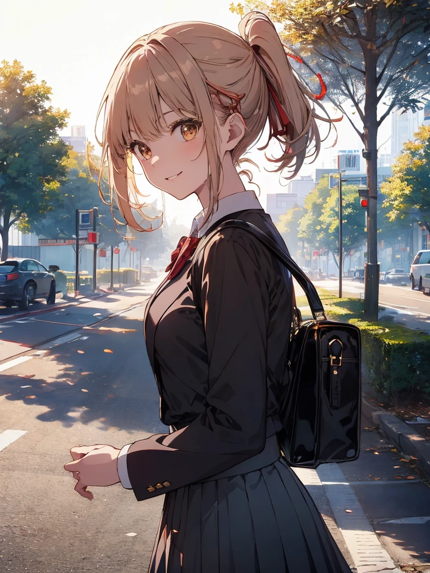 ((masterpiece, best quality, highest quality, ultra-detailed, 32k cg wallpaper, high resolution)), ((extremely delicate and beautiful)), (illustration), (sharp focus, lighting forward, shine), 1girl, , ponytail, smile, ((extremely beautiful detailed anime face))((extremely detailed game cg characters brown eyes))((extremely detailed hand)), blazer, bowtie, pleated skirt, pantyhose, school bag, roadside tree sidewalk, more_details:-1, more_details:0, more_details:0.5, more_details:1, more_details:1.5