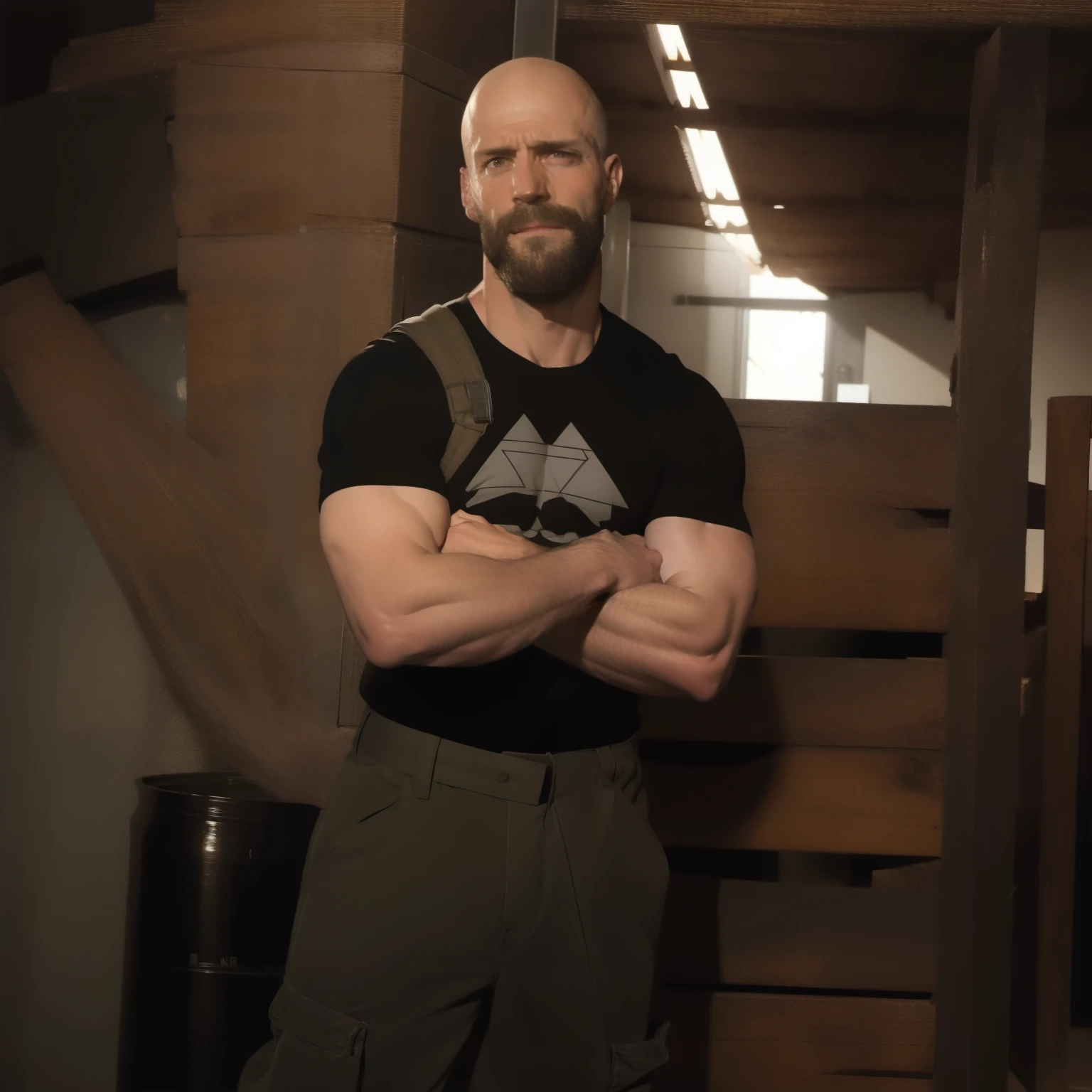 tall bald handsome man with beard, daddy, dark tattoos, lean fit body, soccer shirt, 30yo, dynamic lighting, lean body, loose cargo plants pants, character sheet, full body shot, white shirt