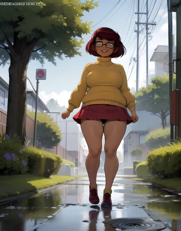 mkvd, 1girl, turtleneck sweater, sweater yellow, red skirt, happy, looking at viewer, full body view, standing, shy, panties , under view, pissing, piss on legs, piss stream, puddle of urine, chubby, 