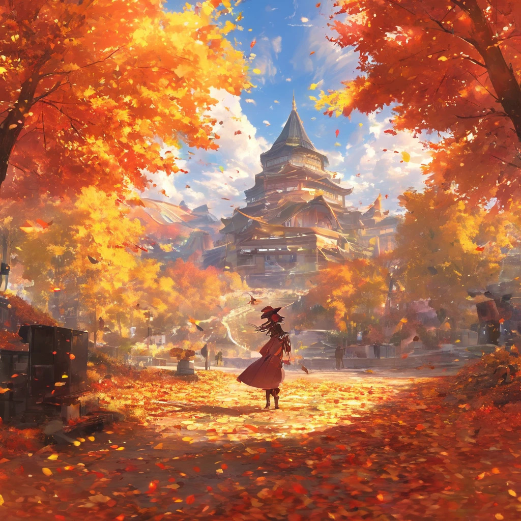 masterpiece, Concept Art, Panorama, At the center, figure, Wide Shot, Dynamic Lighting, Bright colors, autumn leaves,1 girl,
