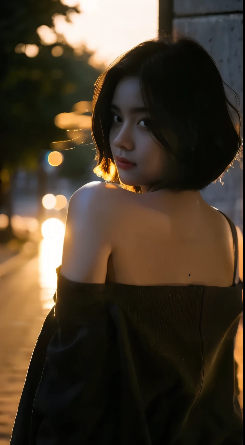 Best quality, masterpiece, Ultra-high resolution, (Realistic: 1.5), Photos and gross weight, 1 Girl, Off-shoulder, in the darkness, Deep Shadows, Careful, Cold Light, Looks sexy, short hair, ((full-body shot))