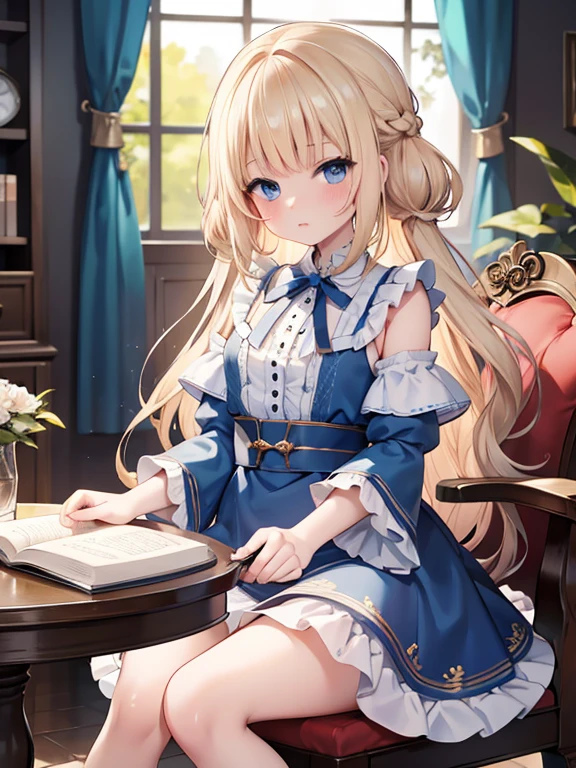 (8k, highest quality, Tabletop:1.2)、Artwork, figure, Wide angle, Ultra-high resolution、Alice in Wonderland, One ****************, Detailed face、blue eyes, Blonde, Braid, Blue Dress, White apron, Clothes with bulging sleeves, In a room with a big clock, A little dark room, Sit on a chair, Reading a book on a desk