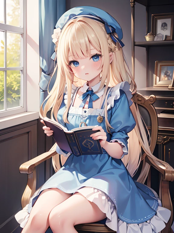 (8k, highest quality, Tabletop:1.2)、Artwork, figure, Wide angle, Ultra-high resolution、Alice in Wonderland, One ****************, Detailed face、blue eyes, Blonde, Braid, Blue Dress, White apron, Clothes with bulging sleeves, In a room with a big clock, A little dark room, Sit on a chair, Reading a book on a desk