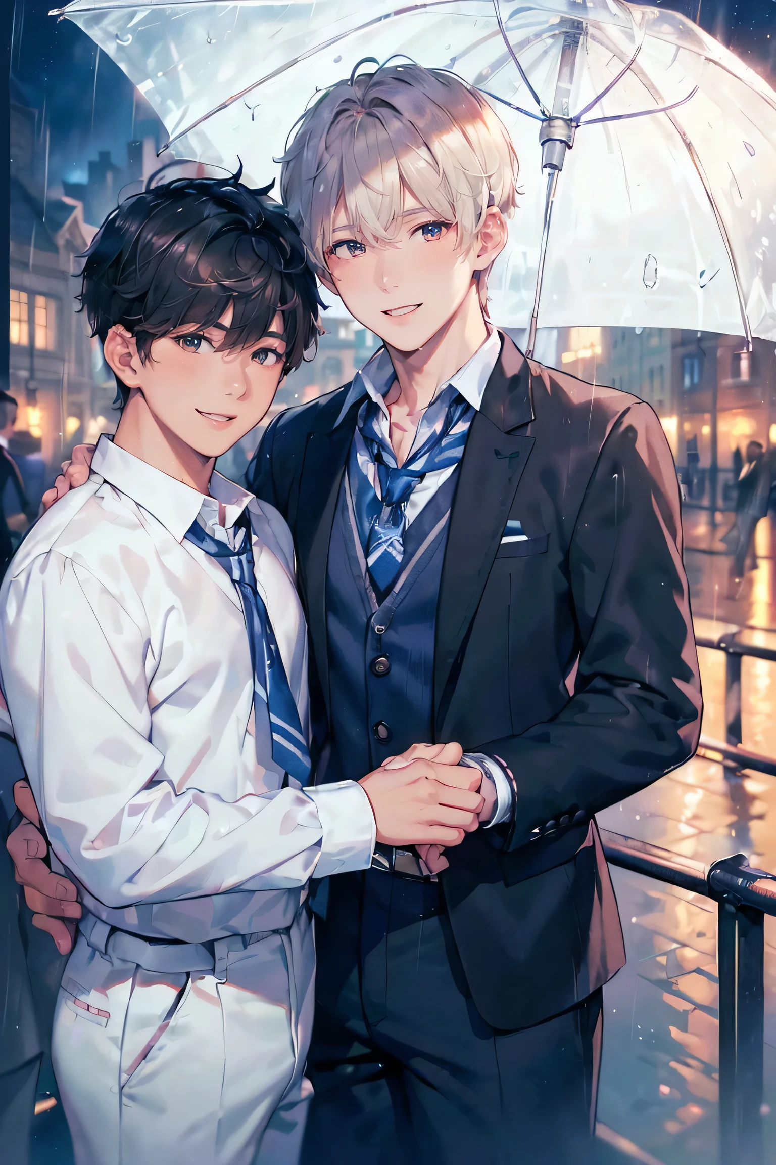 ((Masterpiece, Super Hi-Res, Highly Detailed, 8k)), ((2 boys: 1.5)), Rainy cityscape, a shared umbrella, Scandinavian, about 20, handsome, short hair, ((British public school student style attire, no tie, makes viewer smile : 1.2)), twink, manly face, skinny, excited, gay erotic,. Sexy Raised, cowboy shoot, Vivid colors, cinematic lighting effects,
