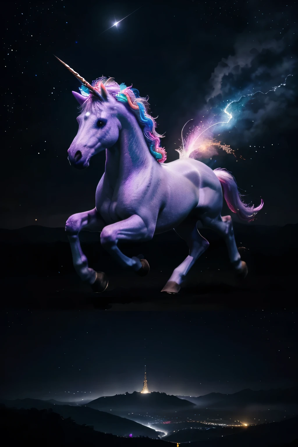 Colorful unicorn running in night sky isolated on black background、Majestic and fantastic、Breathtaking rendering、In a shining connection、Kinuko Y.Inspired by the craft、magic elements、The is amazing、Beautiful fece、Multi-cast colorful spells、Bright flash、The Flash