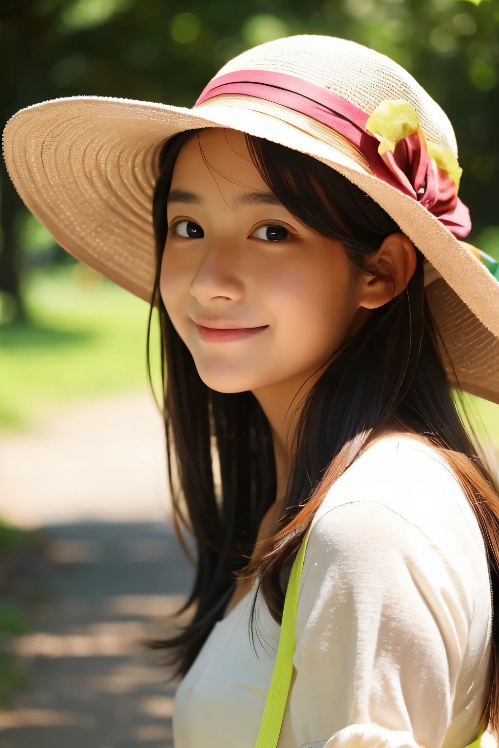masterpiece,best quality,(Japanese ),((Beautiful girl)),cleavage,(perfect body beauty:1.2),(shy smile),beautiful teeth,(straw hat),(seaside),