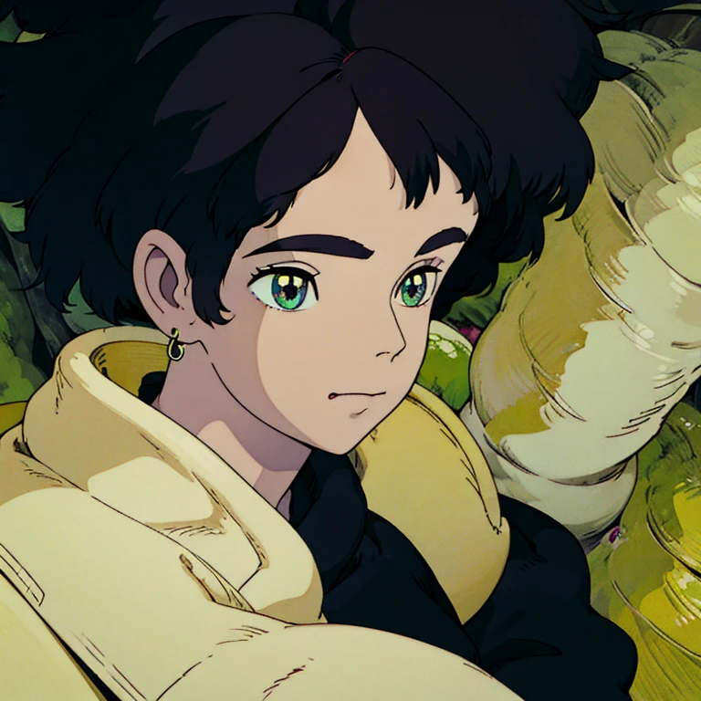 Chico con aretes, ojos verdes, piercing nostril, black hair and a black sweater with curly hair 