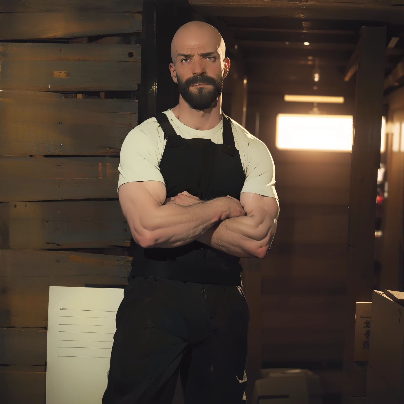 tall bald handsome man with beard, daddy, dark tattoos, lean fit body, soccer shirt, 30yo, dynamic lighting, lean body, loose cargo plants pants, character sheet, full body shot