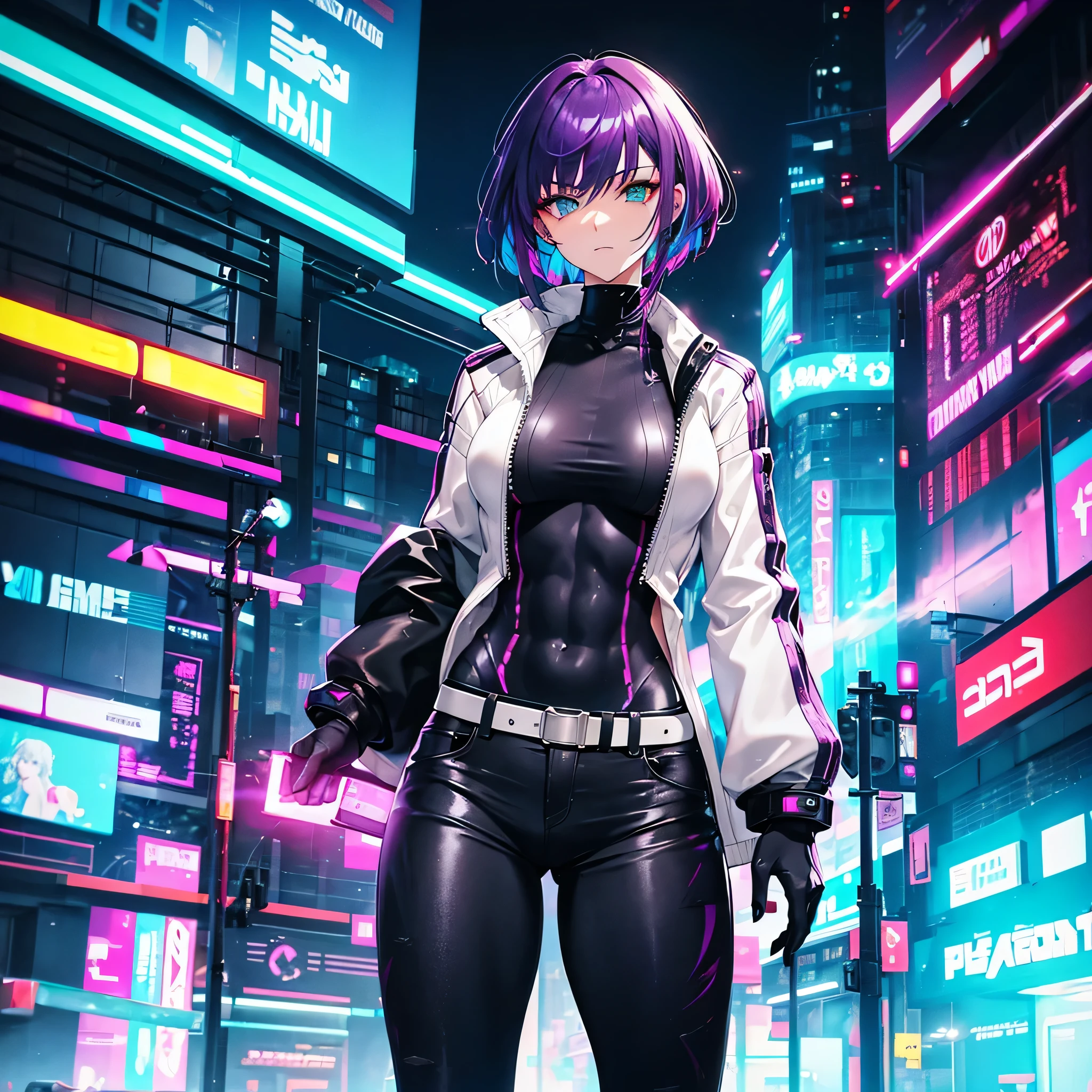 Futuristic, cyberpunk, neon lights, Mature, long redhead woman with green eyes, sexy, defined abs, tight black sweater, white jacket, tight jeans, high quality, masterpiece. Another woman, short purple hair, gray eyes, tan skin, tight clothing
