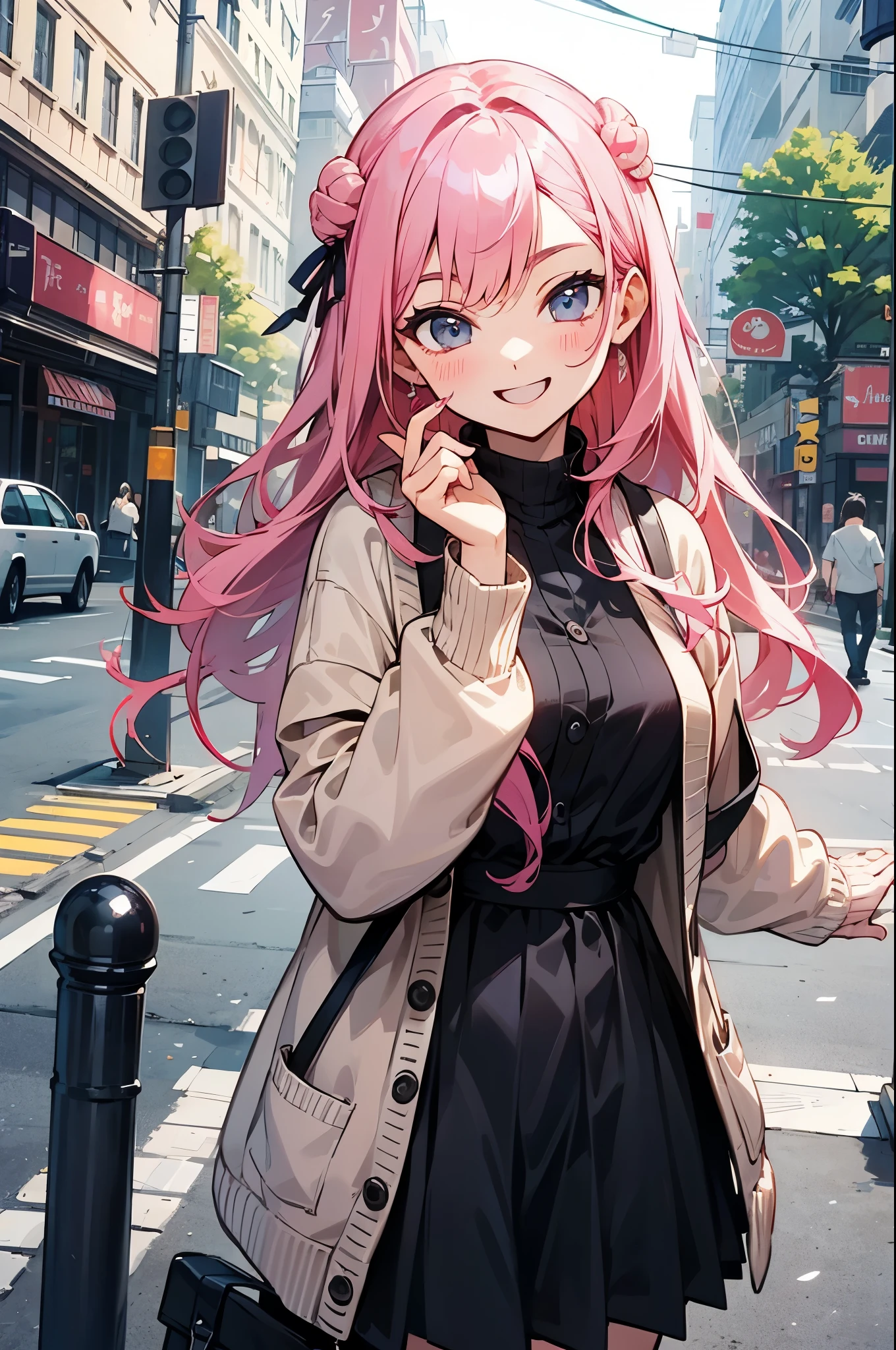 (Pretty sister:1.3)、happy face,spring atmosphere、cardigan、noon、aggressive、hot、hamburger、pink hair