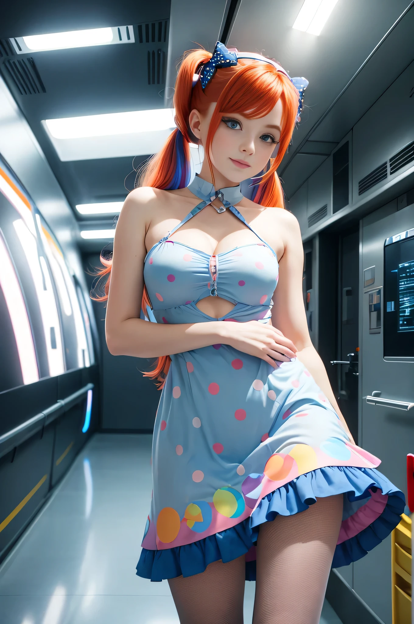 Cute redhead with rainbow colored hair tips, ribbons in her hair, 18-year-old woman, happy, in twin tails, perfect symmetrical eyes, clear sparkling blue eyes, pale skin, silky smooth skin, standing on a fancy metal luxurious space ship, futuristic corridor, dark warm lighting, wearing a futuristic dress, pleated (chemise) mini dress (pastel rainbow colors, and polka dots), wearing full body pantyhose, cute short cut booties.