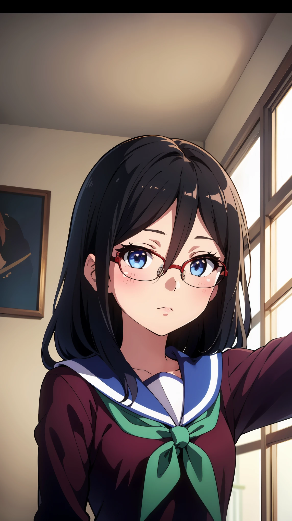 ((best quality)),((highly detailed)),masterpiece,absurdres,detailed face,beautiful face,(detailed eyes, deep eyes),1girl,((dynamic pose)),   Asuka, kitauji high , solo, green neckerchief, glasses, black hair, , long hair, blue eyes, neckerchief, red-framed eyewear, serafuku, looking at viewer, blush, over-rim eyewear, window, sailor collar, semi-rimless eyewear, cowboy shot, brown shirt, hair between eyes, expressionless, indoors