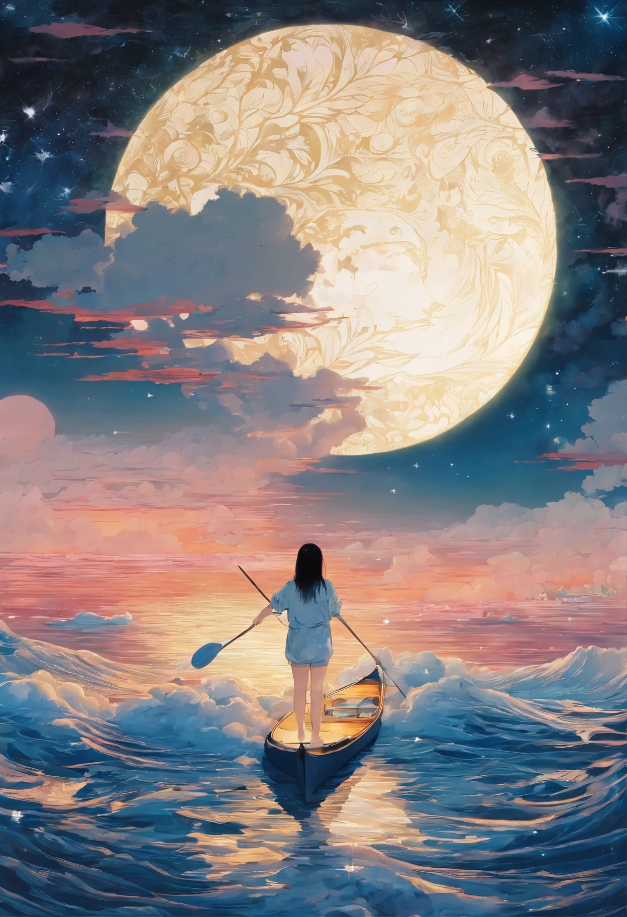 magical mystical fantastic landscape surreal、(masterpiece, highest quality:1.2), shining star々A girl paddles a sea kayak through the ocean with the sun reflecting in it、starry night sky background、Sea kayak、The stars are beautifully reflected in the girl's eyeasterpiece))), ((highest quality)), ((intricate details)),((surreal))(8K)、 Super detailed, James R.. ,draw beautiful digital illustrations, Written by Audrey Kawasaki, Written by Amy Sole, author:Naoto Hattori,Yayoi Kusama, ghibli studio,No Borders、detailed description、surrealism、masterpiece
