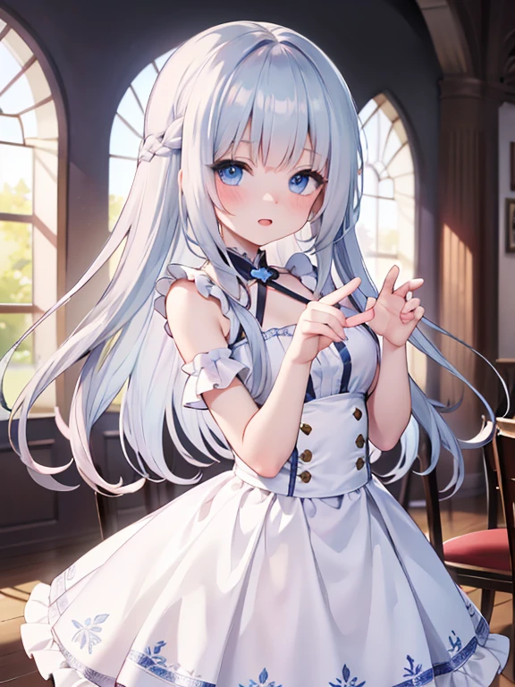 (8k, highest quality, Tabletop:1.2)、Ultra-high resolution, 5 year old girl, Perfect Fingers, Detailed face, blue eyes, Silver Hair, Braid, Long Hair, White ruffle dress, Inside the castle, Dance