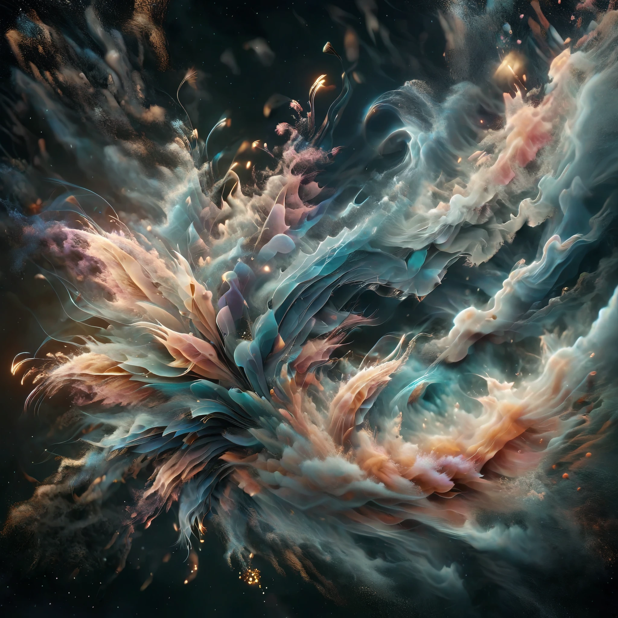 Blend fantasy and reality as 3D fireworks merge with ethereal fractal creatures, symbolizing the sea, their transcendent tide washing over the senses, transporting the viewer to a realm where the boundaries of reality are fluid and ever-changing.