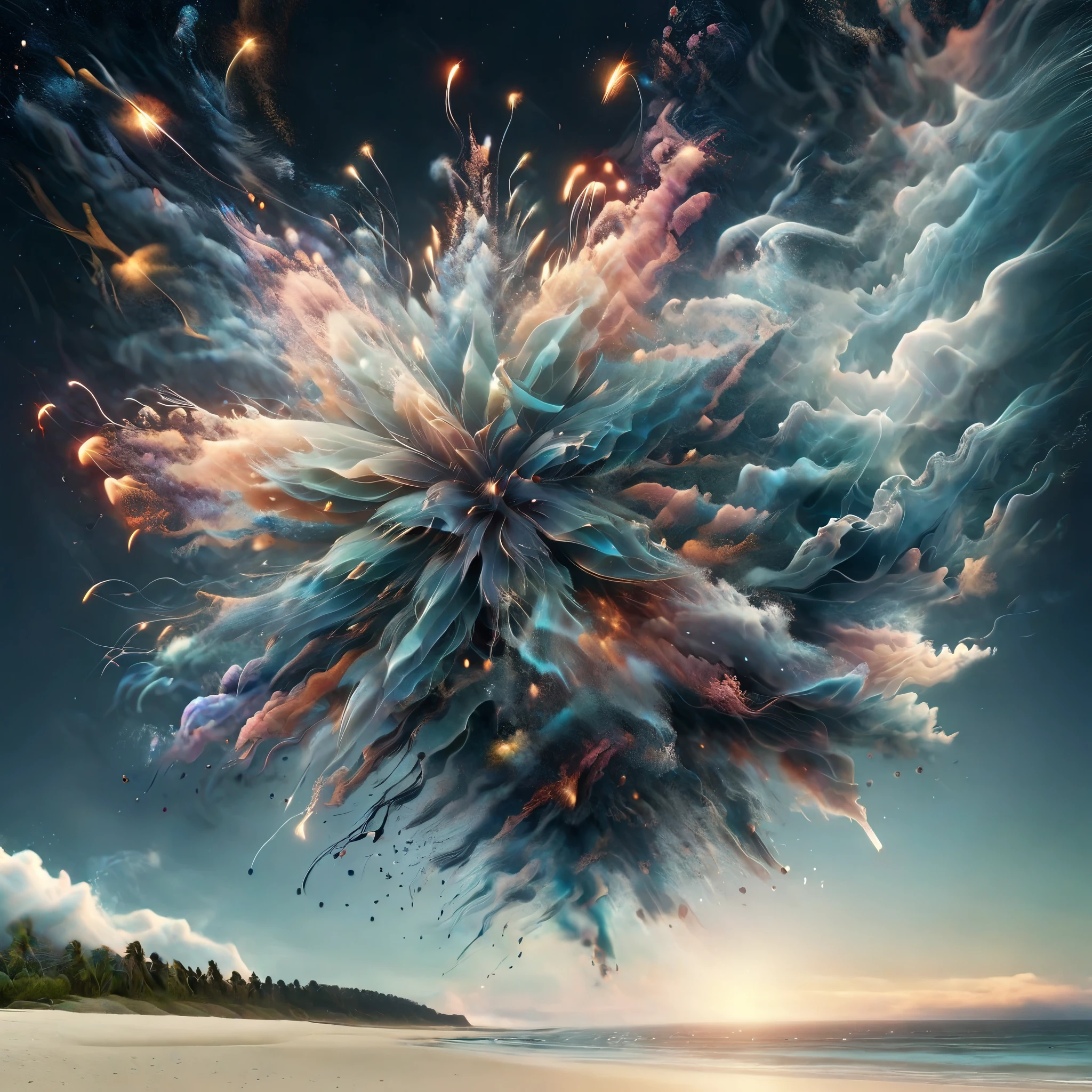 Blend fantasy and reality as 3D fireworks merge with ethereal fractal creatures, symbolizing the sea, their transcendent tide washing over the senses, transporting the viewer to a realm where the boundaries of reality are fluid and ever-changing.